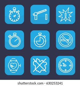 Stop icon. set of 9 outline stop icons such as no wash, no smoking, heartbeat watch, clock, road barrier, stopwatch