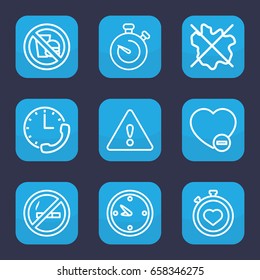 Stop icon. set of 9 outline stop icons such as no wash, stopwatch, minus favorite, clock, warning, no fast food