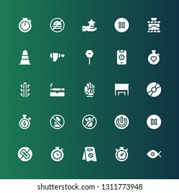 stop icon set. Collection of 25 filled stop icons included Fisheye, Chronometer, No parking, Stopwatch, No weapons, Pause, Power, No pets, drink, Disc, Bus stop, Hand, Cigarette