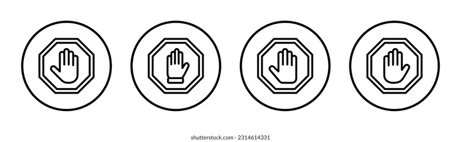 Ilustración de conjunto de iconos de parada. señal de paro de carretera. símbolo y signo de paro de mano. No introducir el signo rojo de parada con la mano
