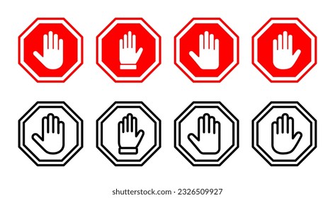 Ilustración de conjunto de iconos de parada. señal de paro de carretera. símbolo y signo de paro de mano. No introducir el signo rojo de parada con la mano