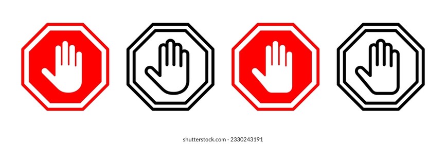 Stop icon set illustration. stop road sign. hand stop sign and symbol. Do not enter stop red sign with hand