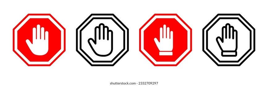 Stop icon set illustration. stop road sign. hand stop sign and symbol. Do not enter stop red sign with hand