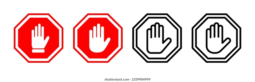 Stop icon set illustration. stop road sign. hand stop sign and symbol. Do not enter stop red sign with hand