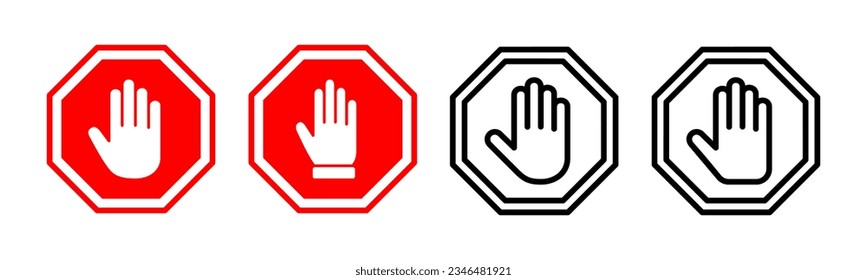 Stoppen Sie die Icon-Set-Illustration. Stoppschild. Handstoppzeichen und -symbol. Geben Sie kein rotes Stoppschild mit der Hand ein