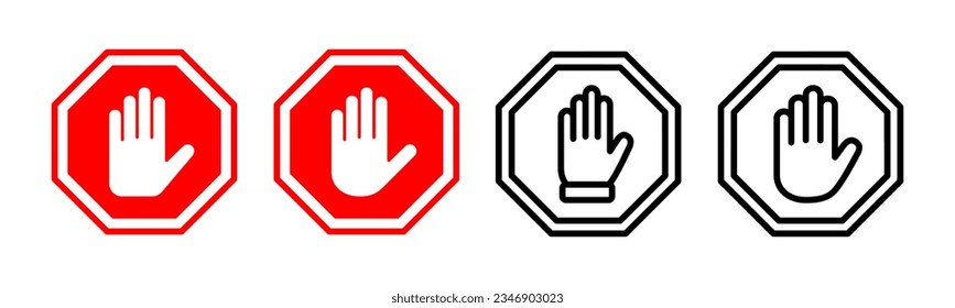 Stoppen Sie die Icon-Set-Illustration. Stoppschild. Handstoppzeichen und -symbol. Geben Sie kein rotes Stoppschild mit der Hand ein