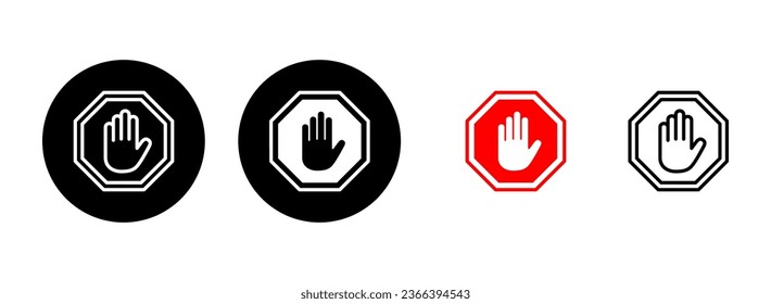 Ilustración de conjunto de iconos de parada. señal de paro de carretera. símbolo y signo de paro de mano. No introducir el signo rojo de parada con la mano