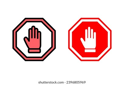 Ilustración de conjunto de iconos de parada. señal de paro de carretera. símbolo y signo de paro de mano. No introducir el signo rojo de parada con la mano