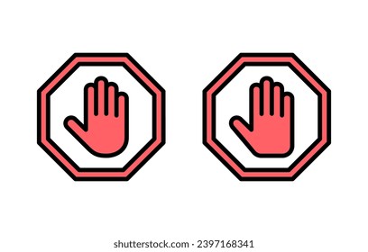 Ilustración de conjunto de iconos de parada. señal de paro de carretera. símbolo y signo de paro de mano. No introducir el signo rojo de parada con la mano