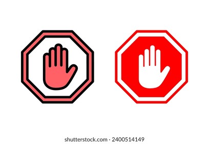 Ilustración de conjunto de iconos de parada. señal de paro de carretera. símbolo y signo de paro de mano. No introducir el signo rojo de parada con la mano