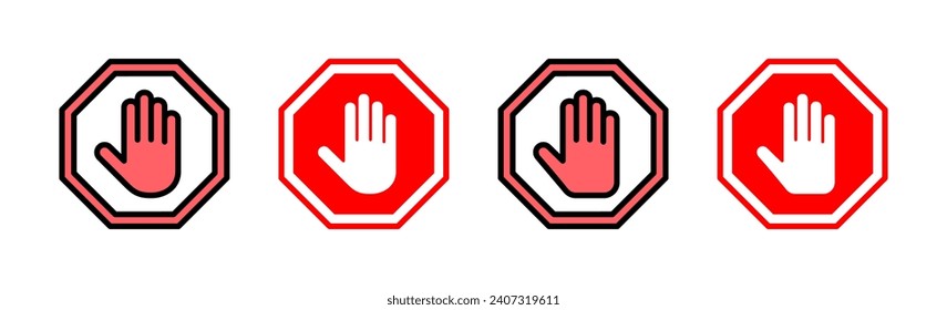 Ilustración de conjunto de iconos de parada. señal de paro de carretera. símbolo y signo de paro de mano. No introducir el signo rojo de parada con la mano