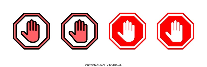 Stop icon set illustration. stop road sign. hand stop sign and symbol. Do not enter stop red sign with hand