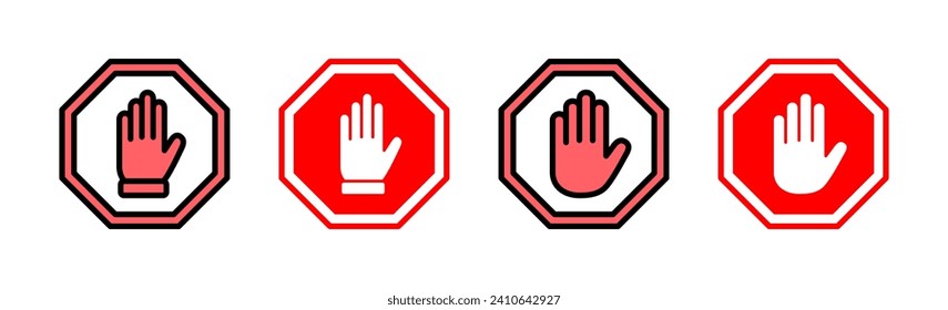Stop icon set illustration. stop road sign. hand stop sign and symbol. Do not enter stop red sign with hand