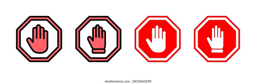 Stop icon set illustration. stop road sign. hand stop sign and symbol. Do not enter stop red sign with hand