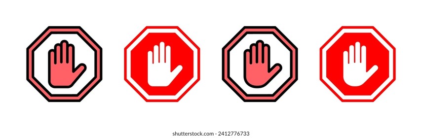 Stop icon set illustration. stop road sign. hand stop sign and symbol. Do not enter stop red sign with hand