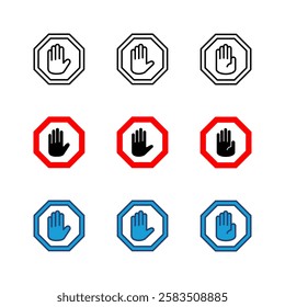 Stop icon set. stop road sign. hand stop icon vector