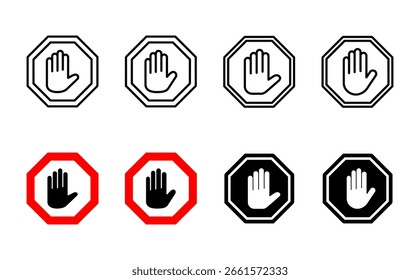 Conjunto de iconos de parada. señal de stop. Vector de iconos de parada de mano