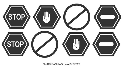 Conjunto de iconos de parada. señal de parada. Vector de iconos de parada de mano.