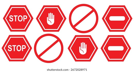Conjunto de iconos de parada. señal de parada. Vector de iconos de parada de mano.