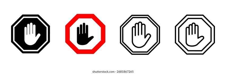 Stop icon set. stop road sign. hand stop icon vector