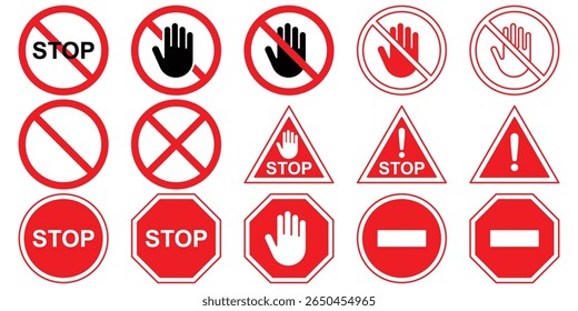 Stop icon set. Sign with hand and stop sign. Warning sign, alert, road sign, attention, prohibition, danger. Isolated vector illustration. Editable strokes