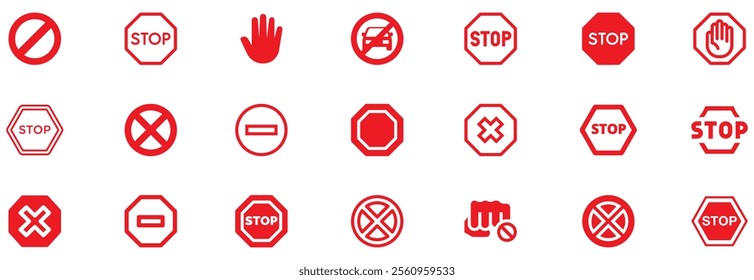 Stop icon set. Stop sign. Stop symbol with hand. Red stop sign icon set. Do not enter. Danger. Traffic signs. Vector illustration. EPS 10