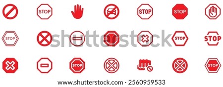 Stop icon set. Stop sign. Stop symbol with hand. Red stop sign icon set. Do not enter. Danger. Traffic signs. Vector illustration. EPS 10