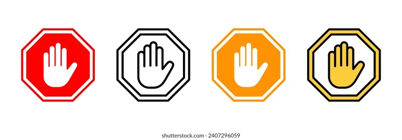 Stop icon set vector. stop road sign. hand stop sign and symbol. Do not enter stop red sign with hand