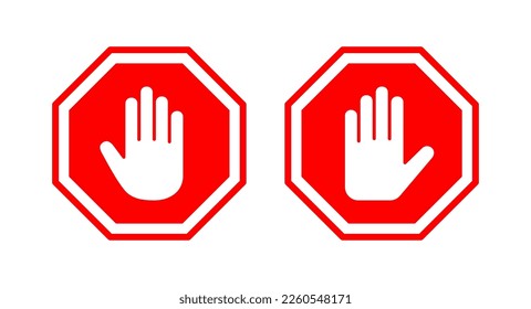 Stoppen Sie die Vektorgrafik des Symbols. Stoppschild. Handstoppzeichen und -symbol. Geben Sie kein rotes Stoppschild mit der Hand ein