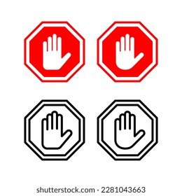 Stop icon vector illustration. stop road sign. hand stop sign and symbol. Do not enter stop red sign with hand