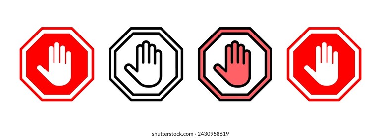 Stop icon vector illustration. stop road sign. hand stop sign and symbol. Do not enter stop red sign with hand