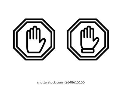 Icône d'arrêt illustration vectorielle. panneau stop. signe et symbole d'arrêt à la main. N'entrez pas le signe rouge stop avec la main