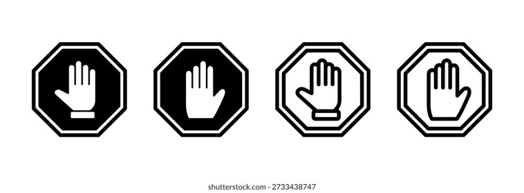 Ilustração vetorial de ícone de parada. sinal de parada de estrada. sinal de parada de mão e símbolo. Não entre no sinal vermelho stop com a mão