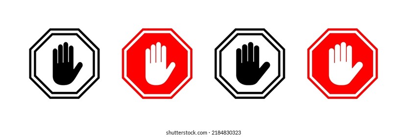 Stoppen Sie die Symbolvektorgrafik. Stoppschild. Handstoppzeichen und -symbol. Geben Sie kein rotes Stoppschild mit der Hand ein
