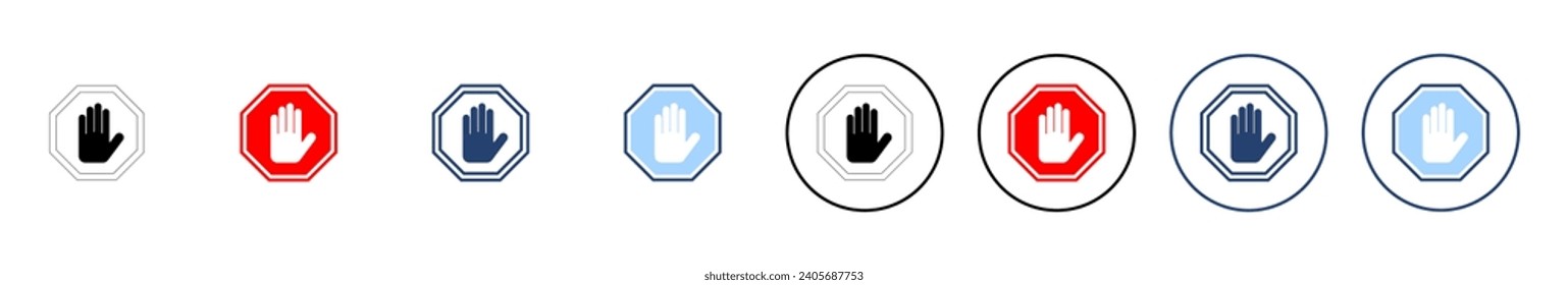 Stoppen Sie die Symbolvektorgrafik. Stoppschild. Handstoppzeichen und -symbol. Geben Sie kein rotes Stoppschild mit der Hand ein