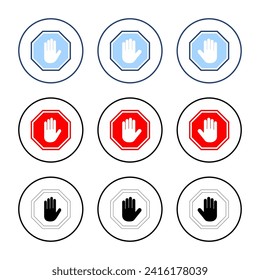 Detener vector de icono señal de paro de carretera. símbolo y signo de paro de mano. No introducir el signo rojo de parada con la mano