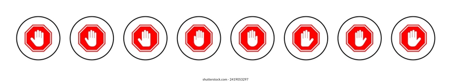 Stop icon vector. stop road sign. hand stop sign and symbol. Do not enter stop red sign with hand