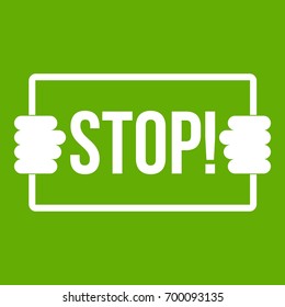 Stop icon white isolated on green background. Vector illustration