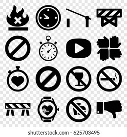 Stop icons set. set of 16 stop filled icons such as barrier, no smoking, no alcohol, stopwatch, dislike, prohibited, heartbeat watch, clock, play