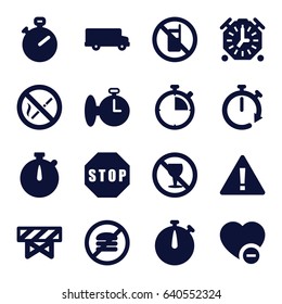 Stop icons set. set of 16 stop filled icons such as no phone, barrier, no alcohol, minus favorite, stop, stopwatch, bus