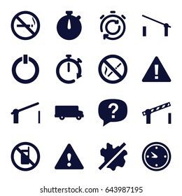 Stop icons set. set of 16 stop filled icons such as barrier, no phone, no smoking, no wash, clock, road barrier, switch off, warning, stopwatch, exclamation