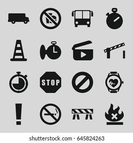 Stop icons set. set of 16 stop filled icons such as airport bus, no smoking, cone barrier, barrier, no fire, heartbeat watch, road barrier, stop, no fast food, play, stopwatch