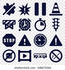 Stop icons set. set of 16 stop filled icons such as airport bus, barrier, no wash, cone, traffic light, pause, clock, play, stop, warning, no smoking, stopwatch, exclamation
