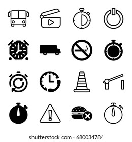 Stop icons set. set of 16 stop filled and outline icons such as no fast food, no smoking, stopwatch, airport bus, cone barrier, barrier, switch off, play, bus