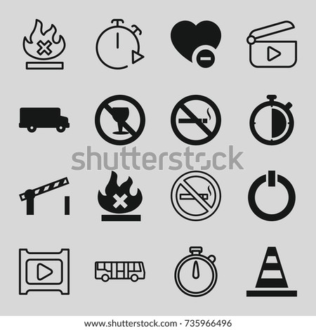 Stop icons set. set of 16 stop filled and outline icons such as cone, no smoking, no alcohol, no fire, minus favorite, road barrier, switch off, stopwatch, airport bus, play