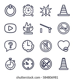 stop icons set. Set of 16 stop outline icons such as barrier, no phone, no smoking, cone barrier, cone, no fire, minus favorite, clock, switch off, play, stopwatch