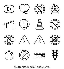 Stop icons set. set of 16 stop outline icons such as no phone, cone barrier, barrier, no smoking, traffic light, minus favorite, prohibited, warning, play