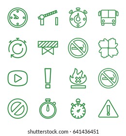 Stop icons set. set of 16 stop outline icons such as airport bus, no smoking, barrier, no fire, clock, road barrier, play, stopwatch, warning, hands, prohibited