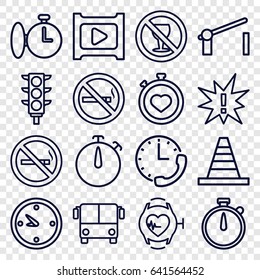 Stop icons set. set of 16 stop outline icons such as airport bus, no smoking, cone, no alcohol, stopwatch, traffic light, heartbeat watch, clock, play, barrier