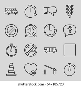 Stop icons set. set of 16 stop outline icons such as airport bus, barrier, cone barrier, traffic light, minus favorite, dislike, stop, stopwatch, bus, exclamation, prohibited